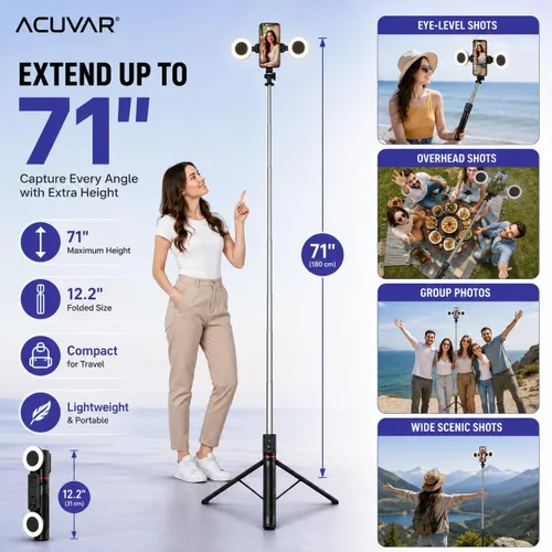 Vista 2 de Acuvar Trípode selfie stick de 71 pulgadas con luces de relleno LED dobles y control remoto Bluetooth para iPhone y Android, soporte de trípode