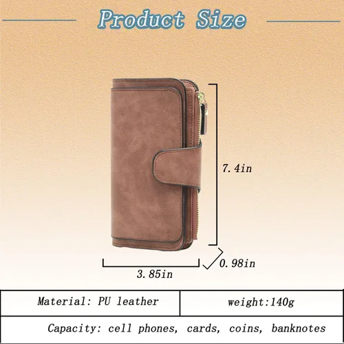 Vista 2 de DTSFHTDAL Billetera para mujer, monedero esmerilado para mujer, multifuncional, larga, tarjetero, bolsa de viaje con cartera larga, Marrón, Vintage