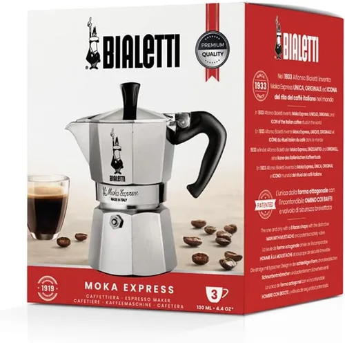 Vista 5 de Moka Express Cafetera espresso icónica para estufa, prepara auténtico café italiano, Moka de 3 tazas (4.4 onzas / 130 ml), aluminio, color plateado