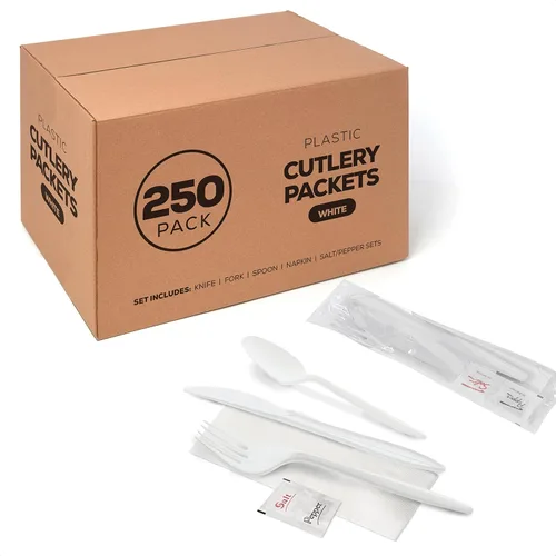 Vista 2 de 250 paquetes de cubiertos de plástico negro y plateado – Juego de cuchillos, tenedores, cucharas, servilletas, sal y pimienta Cubiertos