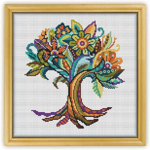 Vista 2 de Mandala Tree of Life K256 Kit de punto de cruz contado #2. Hilos, agujas, tela, cortaúñas, enhebrador de agujas y patrón impreso en el interior. Kit