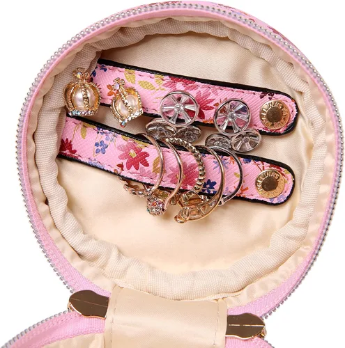 Vista 5 de Angelina's Palace Organizador redondo de joyas, bolsa de viaje, regalos de dama de honor, caja de cuero vegano para collar, aretes, pulsera, anillo