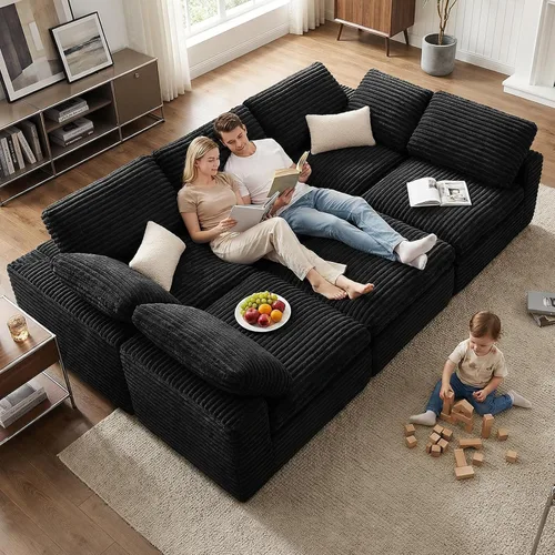 Vista 15 de KKL Sofá modular de 150 pulgadas, sofá modular en forma de U con otomana, sofá de pana sin hueso para sala de estar y dormitorio, sofá modular Negro