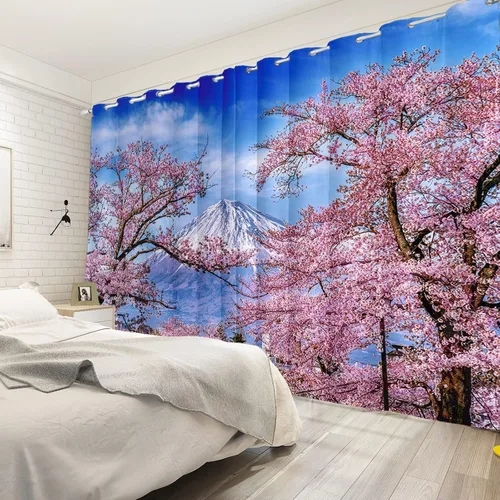 Vista 2 de Renaiss Cortinas de ventana con diseño de cerezo Fuji, tratamiento de ventana de cielo azul, flores rosas, cortinas opacas de privacidad para hombre