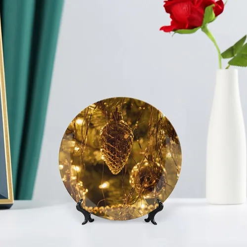 Vista 6 de Placa decorativa para montaje en pared, árbol de Navidad, placa redonda de cerámica con soporte, platos para el hogar, platos de postre, decoración