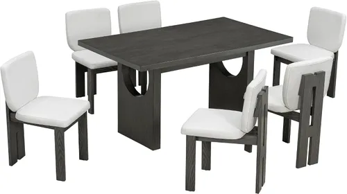 Vista 2 de Merax Juego de comedor retro de 7 piezas para 6, mesa rectangular de madera de goma con base de caballete diseñada y 6 sillas tapizadas para comedor