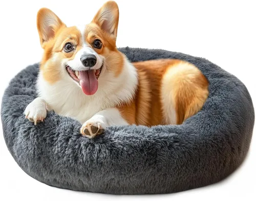 Vista 7 de Hoewina - Cama redonda, calmante, en forma de rosquilla, lavable, esponjosa para interiores, perros y gatos pequeños y medianos, negro, 20 pulgadas