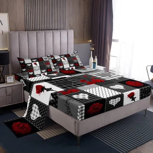 Vista 21 de Juego de sábanas femeninas de flores de rosas rojas, tamaño individual, juego de ropa de cama para el día de San Valentín, decoración de habitación