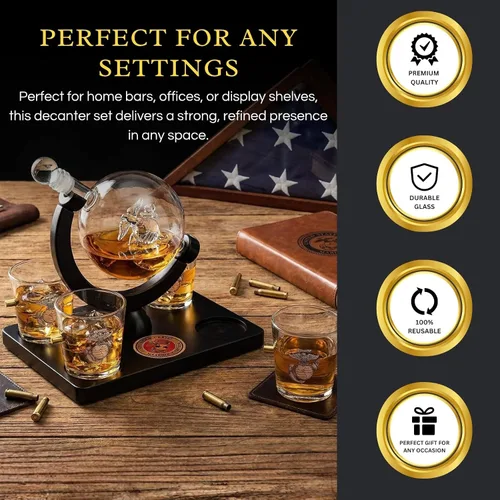 Vista 4 de U.S. Marine Globe - Juego de decantador de whisky con 4 vasos de licor, juego de regalo USMC con base de madera de caoba y emblema, regalos USMC