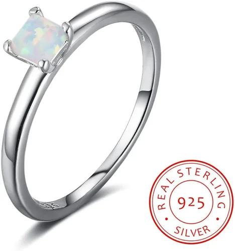 Vista 2 de SILBERTALE Anillo de plata de ley 925 con piedra natal pequeña, talla princesa, solitario, anillo de compromiso para mujer, anillo de boda apilable