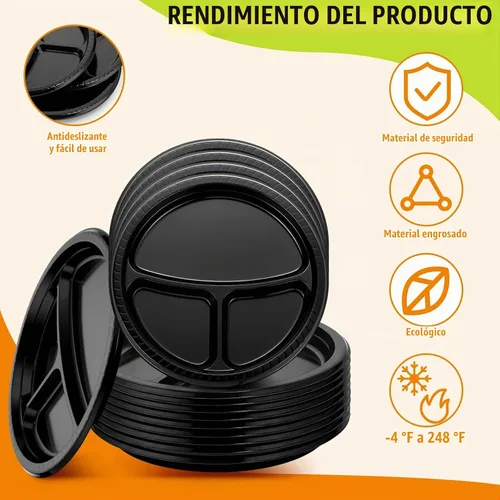 Vista 3 de Umigy 100 platos de plástico divididos de 10 pulgadas, 3 compartimentos, a granel, colorido, desechable, resistente, vajilla redonda para San Negro