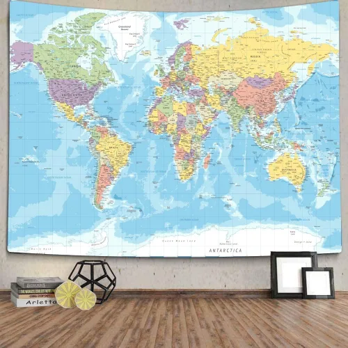 Vista 6 de TOMOZ Tapiz de mapa del mundo para colgar en la pared para profesores, estudiantes, mapa del mundo con países y ciudades principales, tapiz