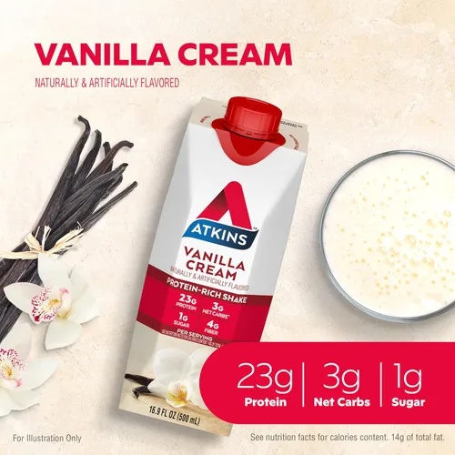 Vista 4 de Atkins Batido de proteína tamaño comida con crema de vainilla, 23 g de proteína, bajo en glucemia, 3 g de carbohidratos, 1 g de azúcar, amigable