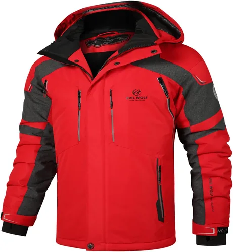 Vista 6 de EVIL WOLF Chaqueta de esquí impermeable para hombre, con capucha y cálida, con múltiples bolsillos, equipo esencial de invierno para esquí
