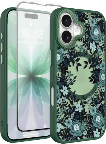 Vista 34 de Magnético para iPhone 13 con protector de pantalla [Compatible con MagSafe] Diseño de patrón floral de flores bonitas, funda delgada a prueba