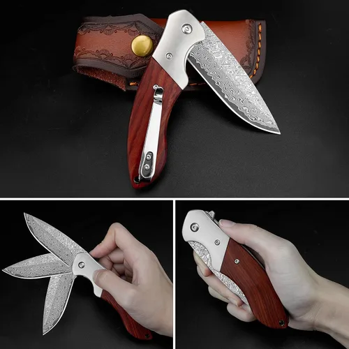 Vista 5 de KOMWERO Cuchillo de bolsillo de damasco, afilado núcleo de acero de Damasco VG10 Hoja DMJN Wood Handle, Folding Knife for Men Women, Pocket Clip