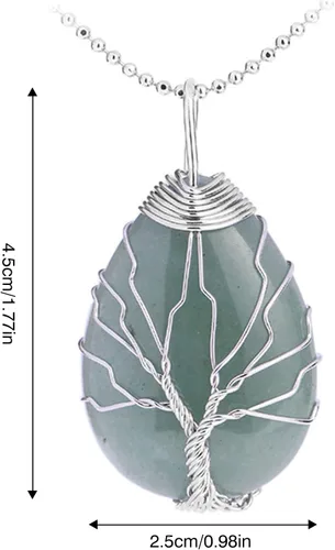 Vista 7 de Collar con colgante de lágrima envuelta en alambre plateado, collar de piedra de cristal curativo de aventurina verde árbol de la vida, joyería
