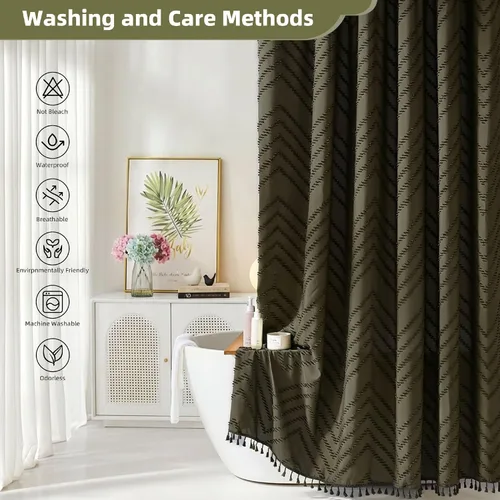 Vista 77 de Cortina de ducha Siiluminisoy de 36x72 beige, cortina de ducha de tela de tamaño pequeño, cortinas de ducha de tela con tufting, diseño chevron a