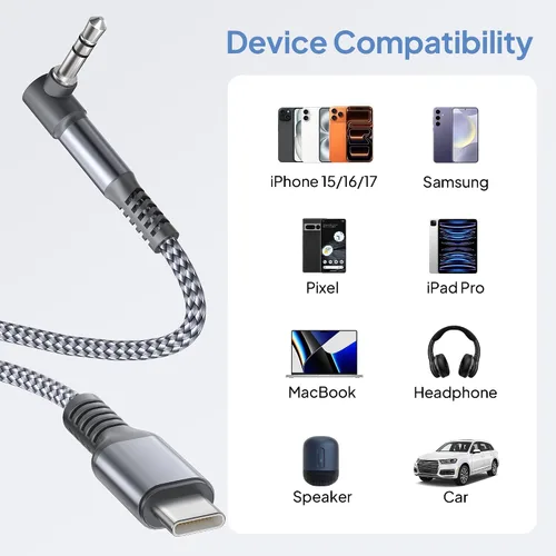 Vista 6 de Elebase Cable auxiliar para iPhone 17 16 16e de 4 pies, cable auxiliar USB C de 90 grados, cable auxiliar de audio tipo C a ángulo recto de 3.5mm