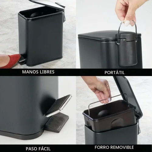 Vista 3 de mDesign Bote de basura rectangular de metal delgado de 1.3 galones/5 litros con pedal de paso, tapa de cierre fácil, forro removible - Papelera Negro