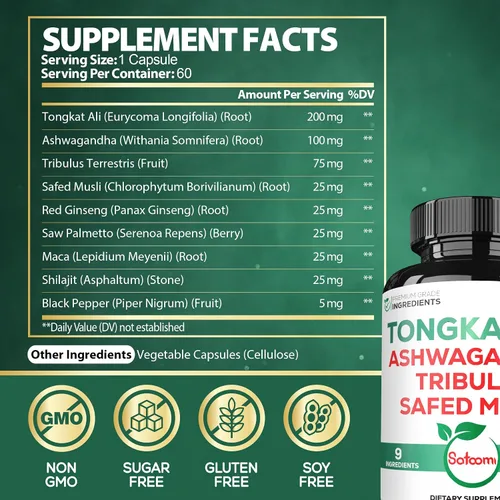 Vista 2 de Satoomi Extracto de raíz de Tongkat Ali 200: 1-9 hierbas esenciales con Ashwagandha, Tribulus Terrestris y más – Apoya la fuerza, la energía