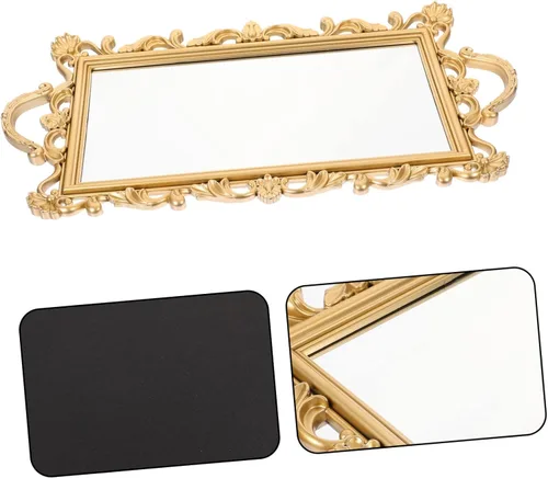Vista 9 de OFFSCH Bandeja de espejo en relieve, bandeja decorativa retro, decoración dorada, accesorios de fotos, paletas de maquillaje para mujeres, bandeja