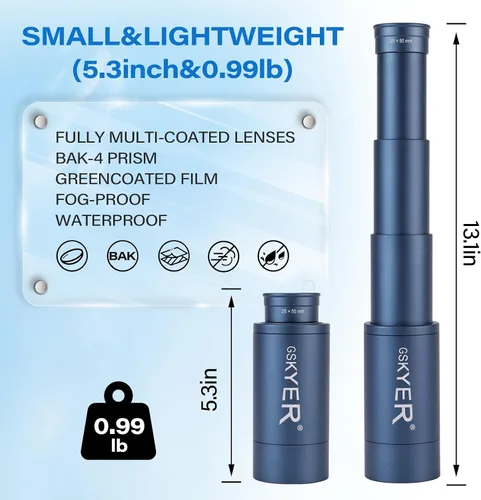 Vista 5 de Telescopio monocular de 25 x 50, monoculares para adultos de alta potencia: zoom compacto HD para hombres, regalos geniales con prisma BAK4 y lente