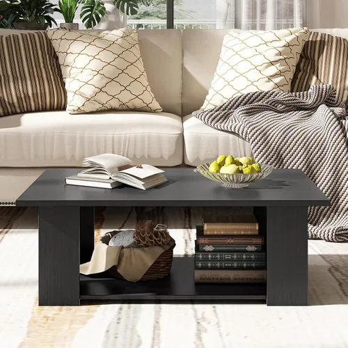 Vista 4 de Tangkula Mesa auxiliar de 2 niveles, moderna mesa de cóctel rectangular con 5 patas de soporte, muebles de sala de estar con acento de madera, mesa