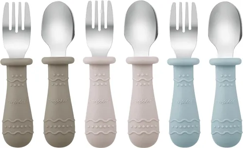 Vista 3 de PandaEar Cucharas de silicona para bebés y utensilios para niños pequeños (bronceado claro/nogal/azul)