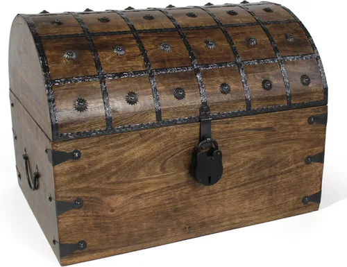 Vista 14 de Nautical Cove - Cofre del tesoro pirata hecho a mano para niños, premios y aula con cerradura y llaves de esqueleto – Caja de almacenamiento