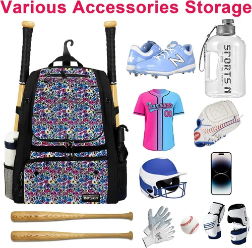 Vista 14 de Bolsa de béisbol juvenil con compartimento ventilado para zapatos, bolsa de bate de sóftbol para guantes de bateo, casco, equipo de teeball