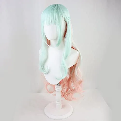 Vista 2 de Peluca cosplay Shinzaki Kuon Invasión de tiro alto Tenkuu Shinpan azul claro rosa ondulado largo Cosplay peluca anime sintético pelo fiesta