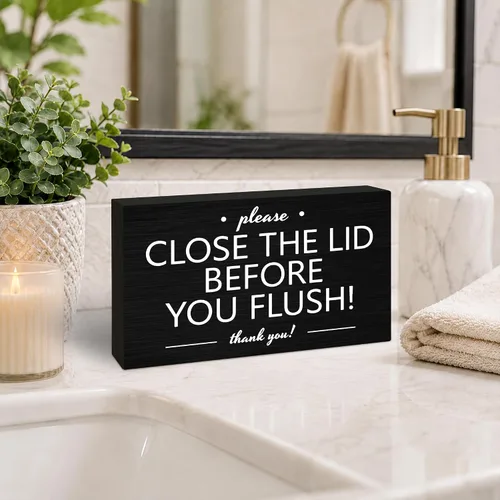 Vista 4 de 3x5 Bathroom Wooden Block Sign, Please Close Lid Before Flushing, Black