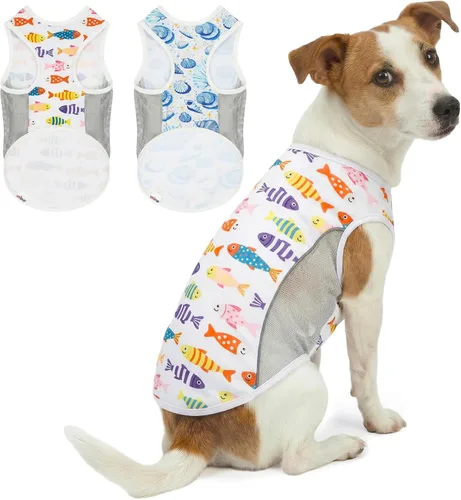 Vista 21 de Camiseta para perro con protección solar UPF 50+, paquete de 2 chalecos ligeros sin mangas para perros pequeños y niñas, tiras reflectantes, ropa