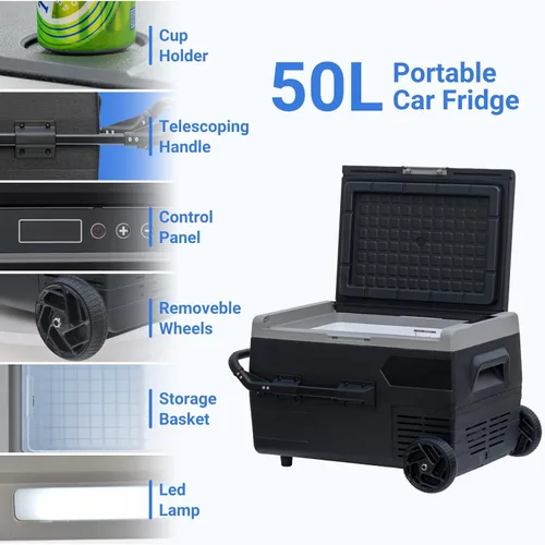 Vista 3 de Smad Refrigerador portátil de coche de 12 voltios -4℉-68℉ Enfriador eléctrico con cesta extraíble y ruedas, soporte de taza de iluminación LED, 53