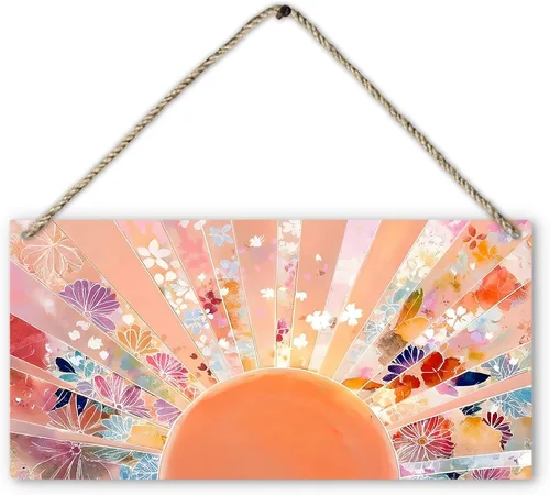 Vista 9 de Letrero abstracto de madera con estampado de sol y rayos de sol, estilo bohemio, para colgar en la pared, moderno de mediados de siglo, bohemio