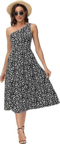 Vista 6 de GRACE KARIN Vestidos de un hombro para mujer, bohemio, vestido floral de verano, vestido de playa con vuelo, vestido midi para fiesta