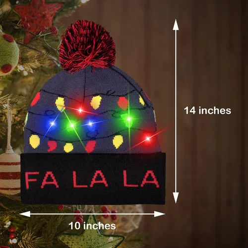 Vista 3 de Windy City Novelties Suéter feo de punto con luz LED, gorro navideño de Navidad, 3 modos intermitentes (FA LA LA), multicolor, Multi colorido