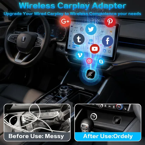 Vista 6 de Mini Adaptador Inalámbrico CarPlay para iPhone, 2 en 1 para Apple CarPlay y Adaptador Android Auto, Convierte de Cableado a Inalámbrico, Plug & Negro