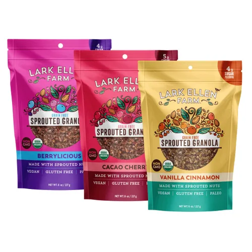 Vista 2 de Lark Ellen - Mordeduras sin granos Vanilla Cinnamon, Cacao Cherry, and Berrylicious sprouted grain-free clusters, Certified Organic, Vegan
