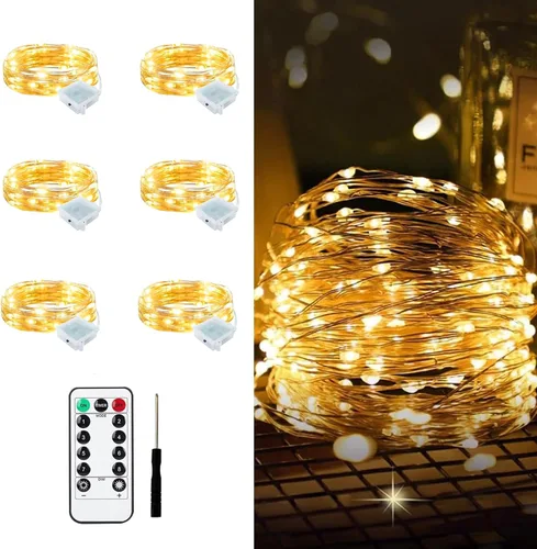 Vista 72 de Aogist Paquete de 24 luces de hadas, 3 modos, 2,1 metros, 20 luces LED, impermeables, cable plateado, funcionan con pilas, mini luces de alambre