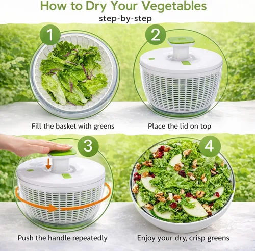 Vista 3 de Brieftons QuickPush - Molinillo de ensalada grande, tamaño familiar de 6.3 cuartos de galón, bomba y freno manual con una sola mano, hilandero
