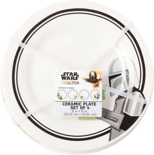 Vista 3 de Silver Buffalo Star Wars The Mandalorian and The Child Baby Yoda Grogu - Juego de 4 platos de cerámica con borde de 8 pulgadas El mandaloriano