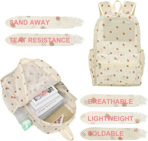 Vista 4 de CAMTOP Mochila de malla para niños y niñas, mochila transparente para preescolar, mochila casual para escuela, playa, viajes, deportes (fresa beige)
