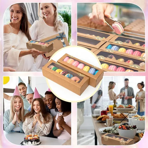 Vista 5 de Sherr 100 Cajas Marrones para Macarons con Ventana, Cajas para Galletas con 200 Pegatinas, Contenedores Largos de Regalos para Panadería y Postres
