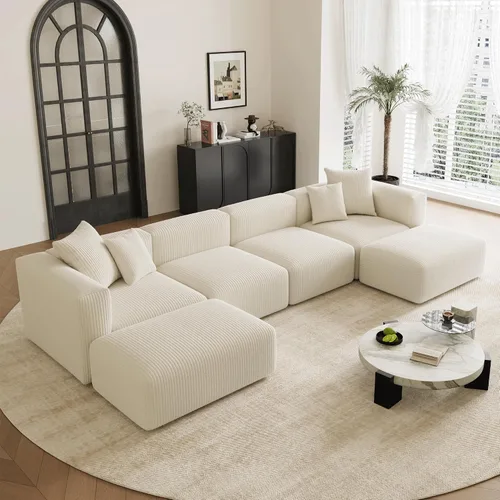 Vista 8 de Acanva - Sofá modular convertible con otomana, en forma de U, color negro Sofá de pana, marco de madera, combinación libre, sofá cama, para sala
