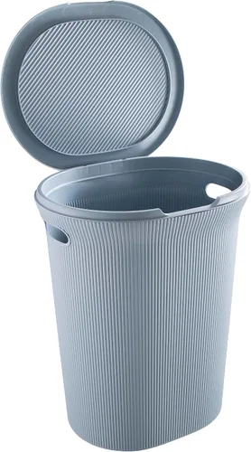 Vista 3 de Superio Colección acanalada - Cesto decorativo de plástico para ropa sucia con tapa y asas recortadas, azul (1 paquete) Organizador de cesta