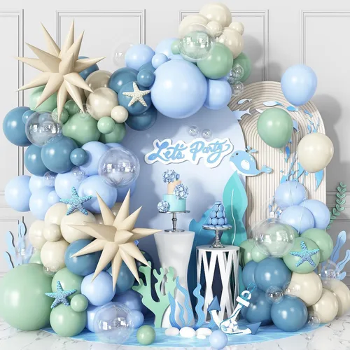 Vista 7 de Kit de guirnalda de arco de globos de color azul, blanco y plateado con globos de bola de discoteca, globos de papel de aluminio de estrella