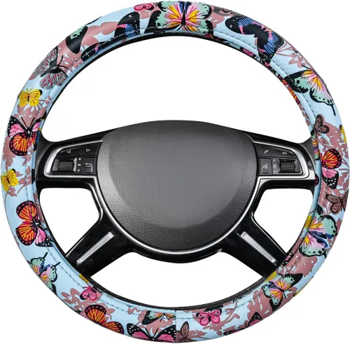 Vista 5 de CAR-GRAND Funda de Cuero para Volante, Doble Capa con Diseño de Estrellas con Ribete, Protector Universal de Rueda de Auto de 14.5-15 Pulgadas Negro