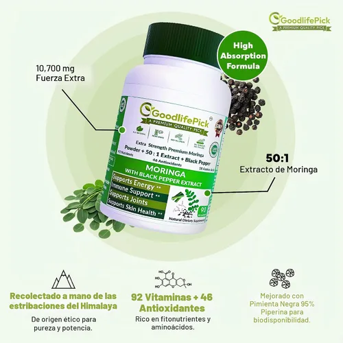 Vista 2 de Cápsulas de moringa prémium con pimienta negra. Polvo de oleifera de moringa y extracto de moringa 50:1 para obtener los máximos beneficios, 90